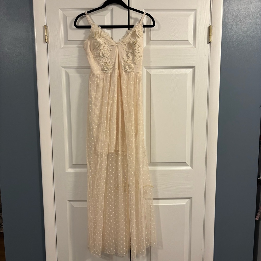 ‼️SOLD‼️Entry Ivory Embroidered Maxi Dress with Sheer Polka Dot Overlay